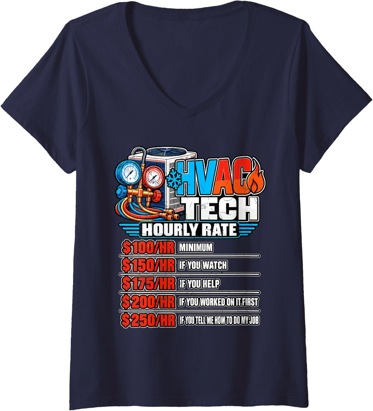 Women's HVAC Tech Hourly Rates V-Neck T-Shirt - Navy Blue