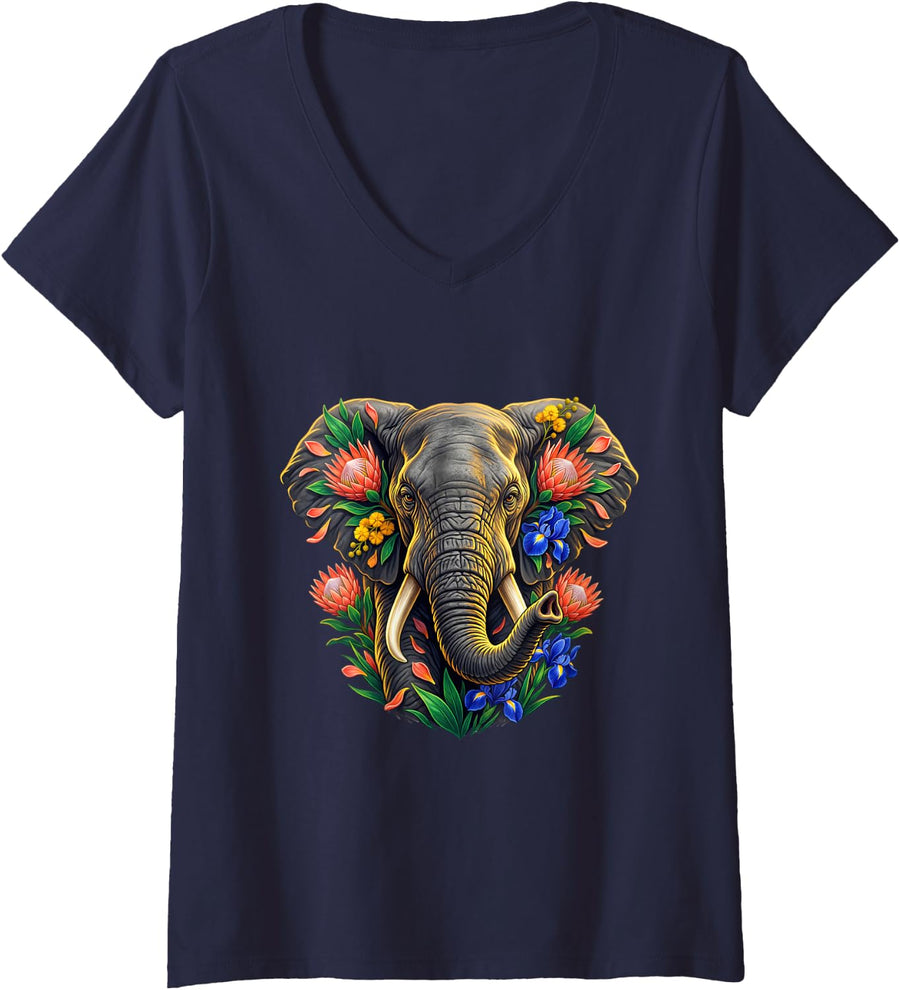 Women's Elephant with Bird of Paradise Flowers V-Neck T-Shirt - Navy Blue