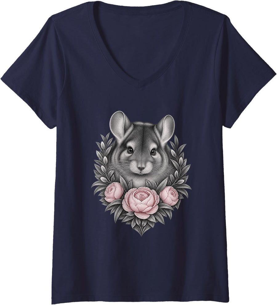 Women's Chinchilla with Peony Flowers and Pointed Leaf Sprigs V-Neck T-Shirt - Navy Blue