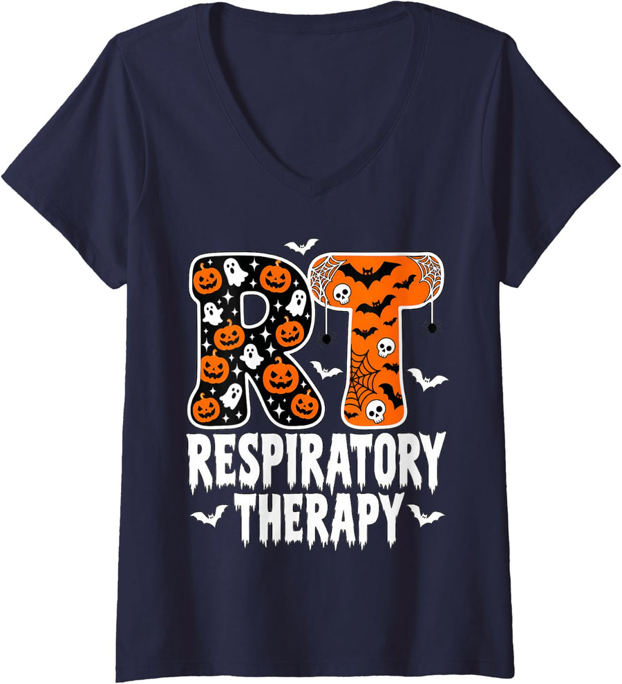 Women's RT Respiratory Therapy Practitioner Nurse Halloween Fall V-Neck T-Shirt - Navy Blue