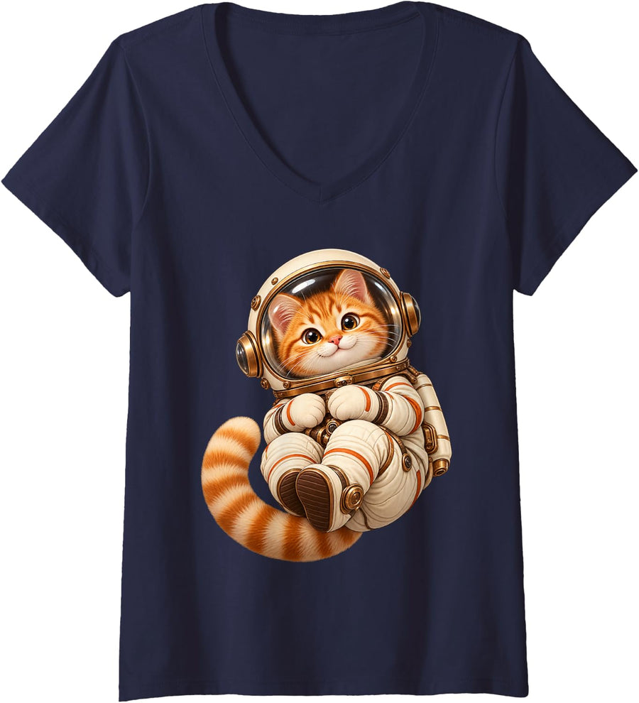 Women's Space Kitten Astronaut - Cute Cat in Space for Kids V-Neck T-Shirt - Navy Blue