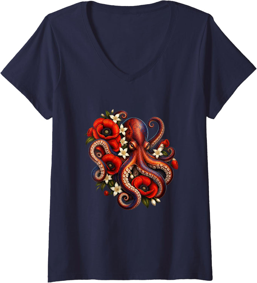 Women's Octopus with Red Poppies and White Jasmine V-Neck T-Shirt - Navy Blue