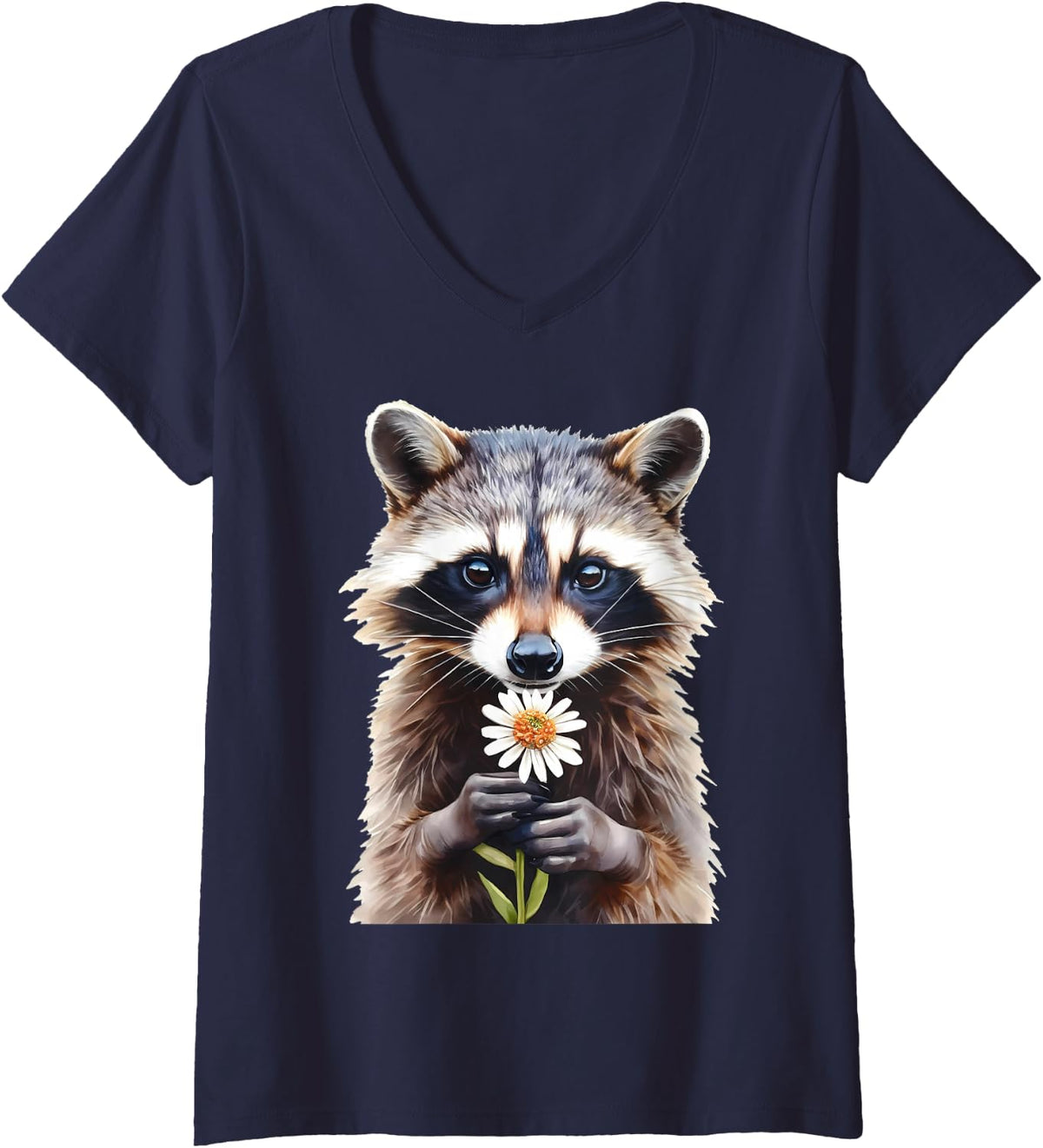 Women's Cute Raccoon Holding Daisy Flower Trash Panda Gardener Lover V-Neck T-Shirt - Navy Blue