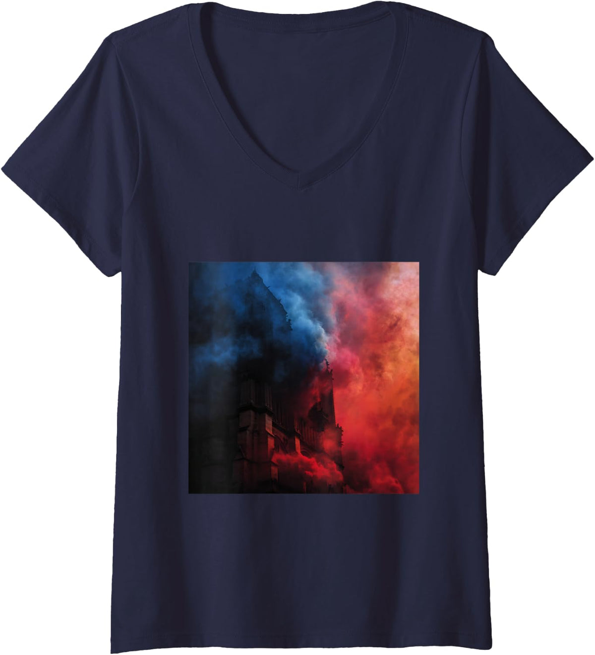Women's Paris Cathedral Gothic Architecture French History V-Neck T-Shirt - Navy Blue