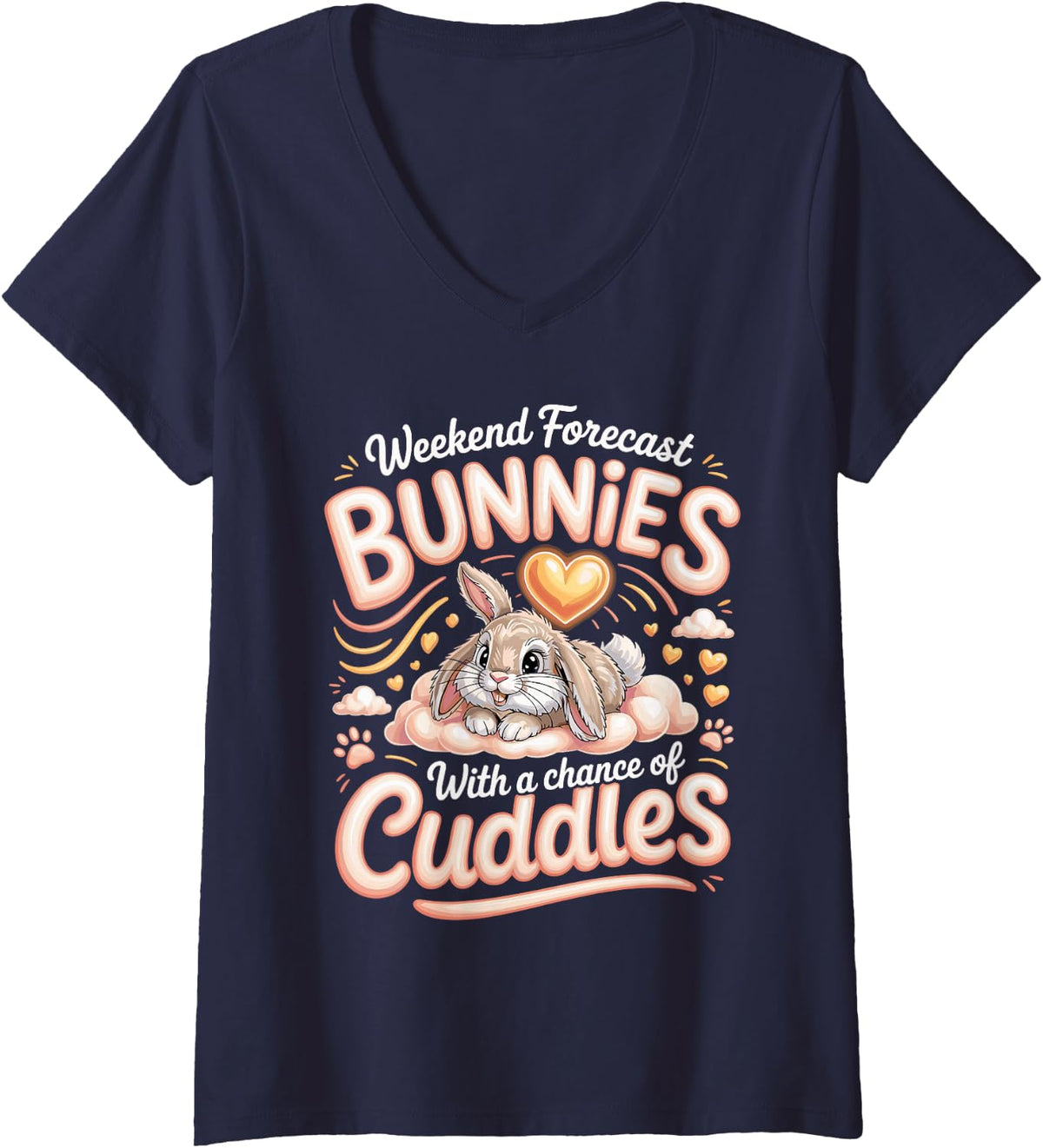 Women's Weekend Forecast Bunnies with Cuddles Rabbit V-Neck T-Shirt - Navy Blue