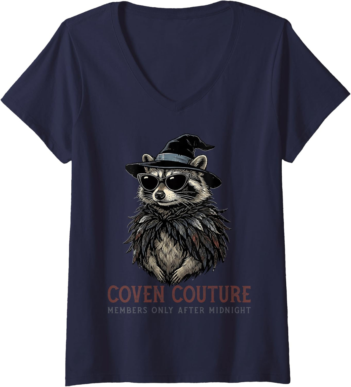Women's Raccoon Trash Panda Witch Hat Sunglasses Feather Shawl V-Neck T-Shirt - Navy Blue