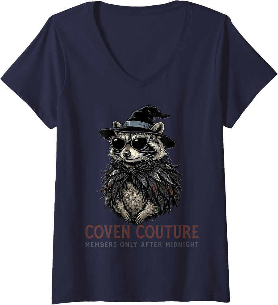 Women's Raccoon Trash Panda Witch Hat Sunglasses Feather Shawl V-Neck T-Shirt - Navy Blue