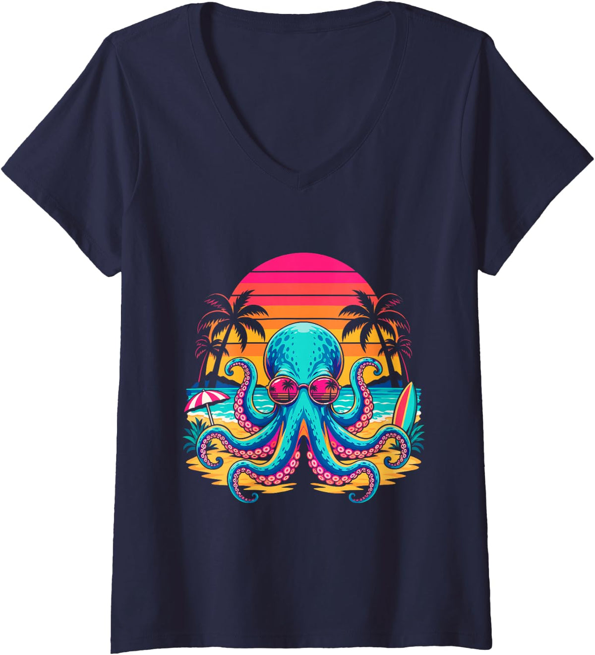 Women's Synthwave Beach Sunglasses - Octopus V-Neck T-Shirt - Navy Blue