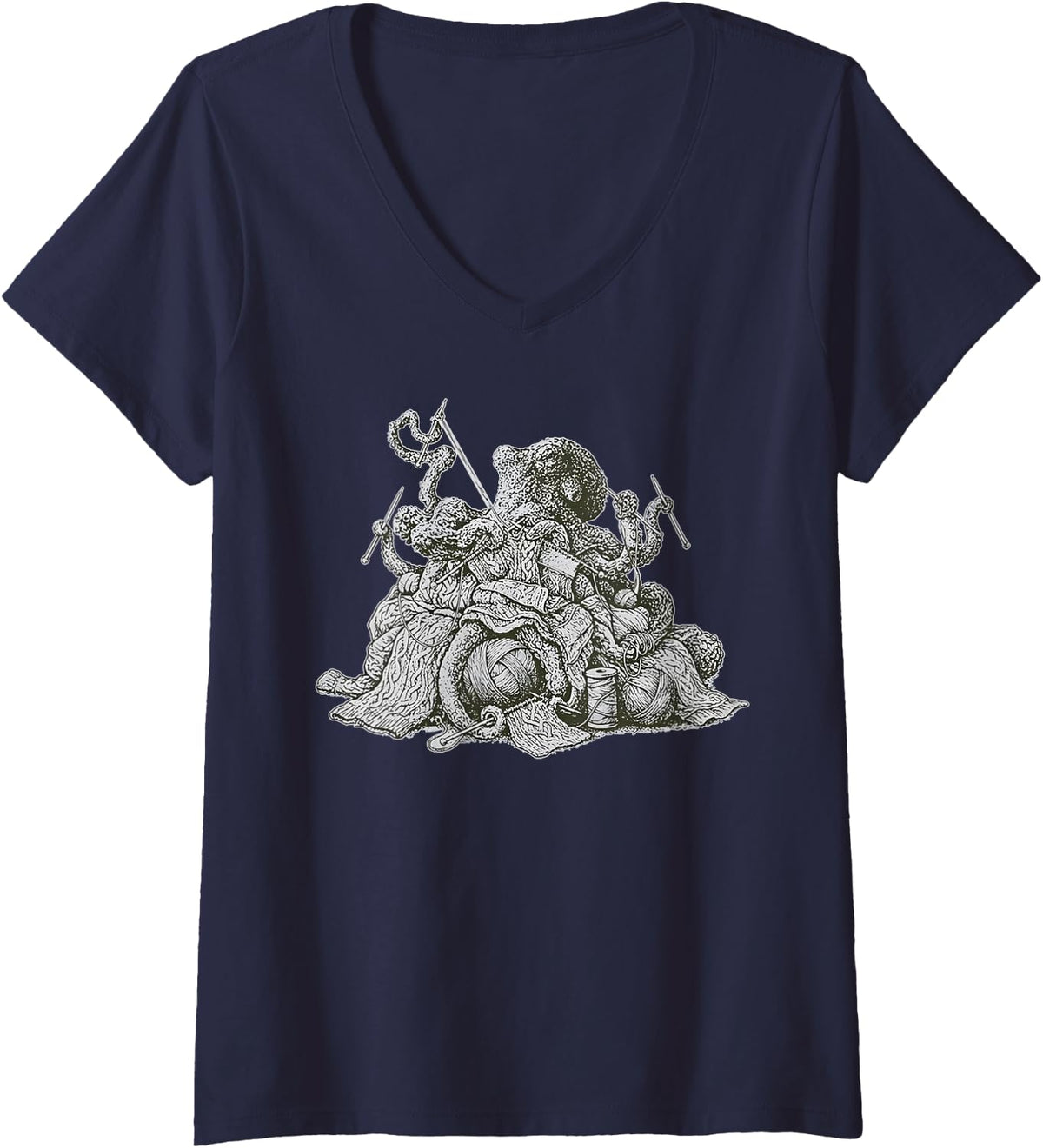 Women's Vintage Octopus Crocheting Knitting Yarn Knitter Crochet V-Neck T-Shirt - Navy Blue