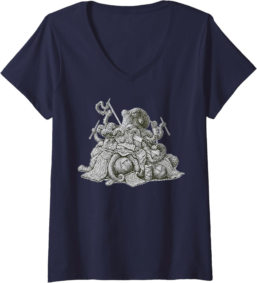 Women's Vintage Octopus Crocheting Knitting Yarn Knitter Crochet V-Neck T-Shirt - Navy Blue