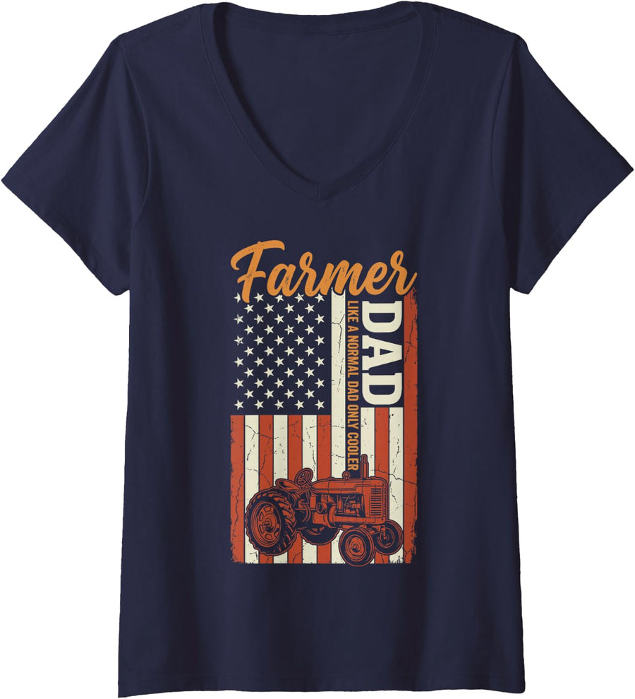 Women's USA Flag Farmer Dad Farming Tractor Farm Cowboy Rancher Tee V-Neck T-Shirt - Navy Blue