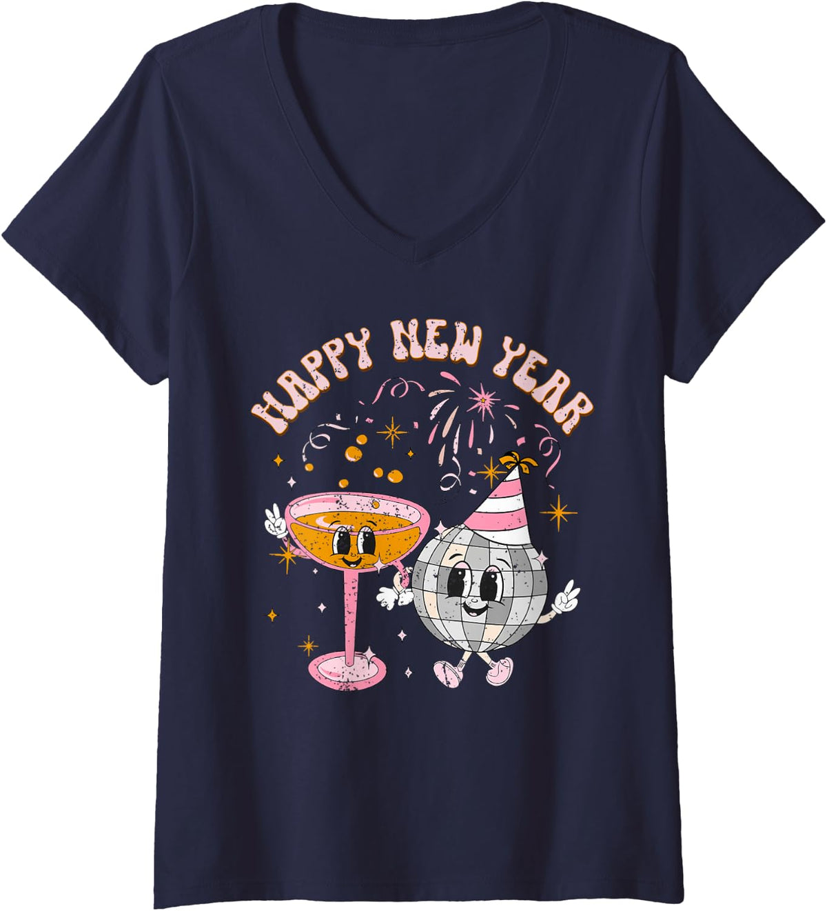 Women's Happy New Year 2025 Disco Ball Wine Glass Cheers Drink Party V-Neck T-Shirt - Navy Blue
