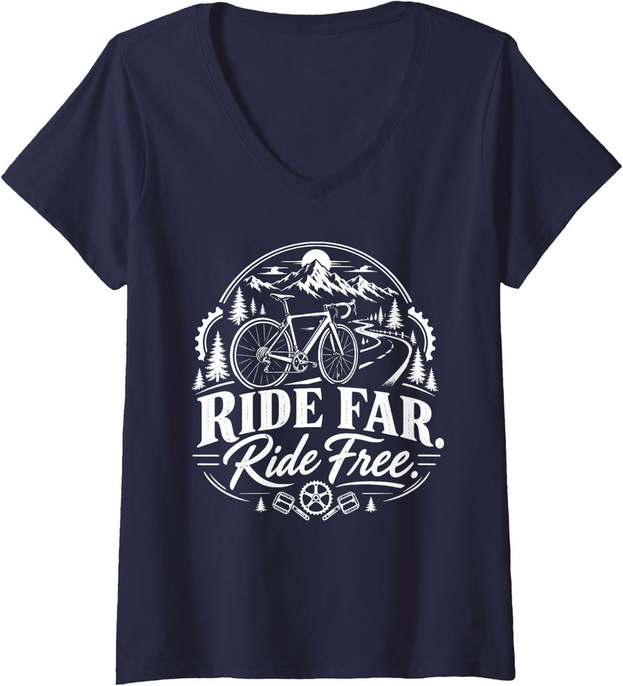 Women's Bike & Biking, Ride Far Ride Free V-Neck T-Shirt - Navy Blue