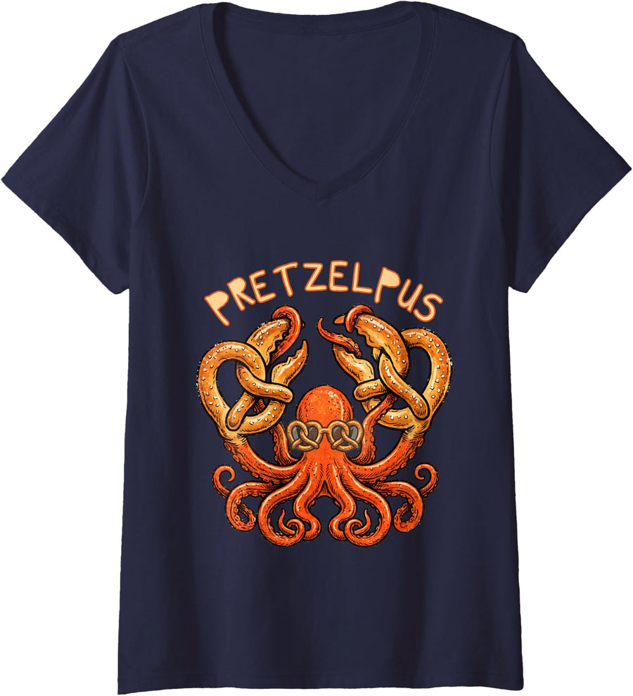 Women's Cute Octopus with German Pretzel Funny V-Neck T-Shirt - Navy Blue