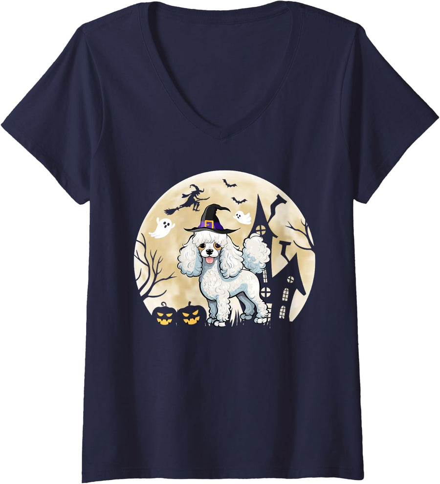 Women's Poodle Halloween V-Neck T-Shirt - Navy Blue