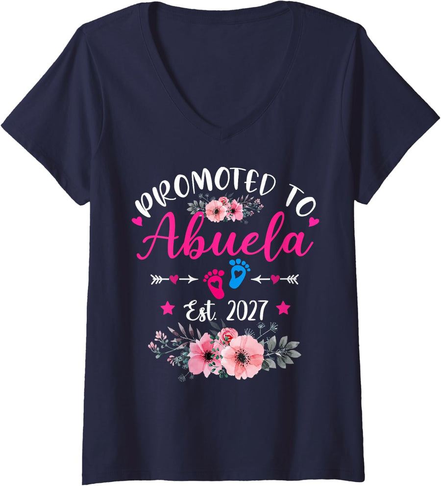Women's Promoted to Abuela Est 2027 Soon to Be Mom Mother's Floral V-Neck T-Shirt - Navy Blue