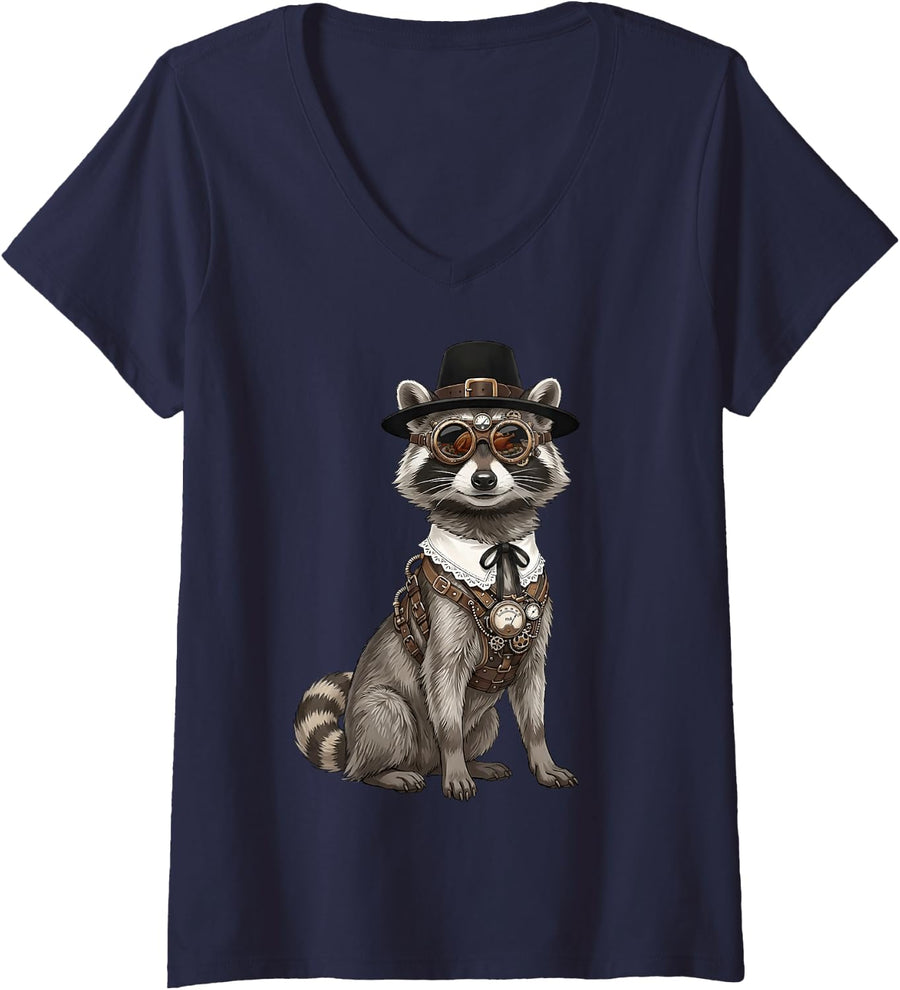 Women's Raccoon Trash Panda Vintage Retro Turkey Day Dinner Fall V-Neck T-Shirt - Navy Blue