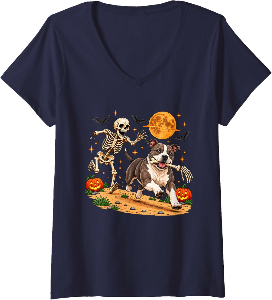 Women's Funny Skeleton Chasing American Staffordshire Terrier V-Neck T-Shirt - Navy Blue