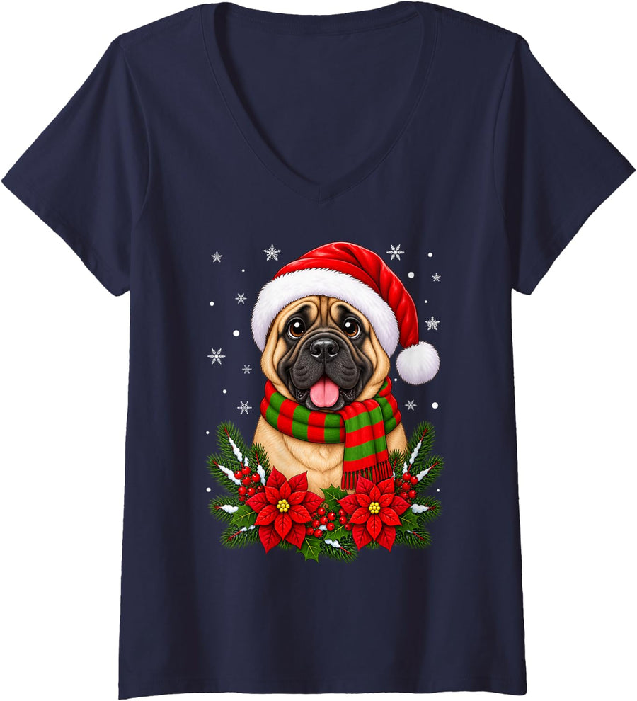 Women's Cute Festive Flowers Santa Hat English Mastiff Dog Christmas V-Neck T-Shirt - Navy Blue