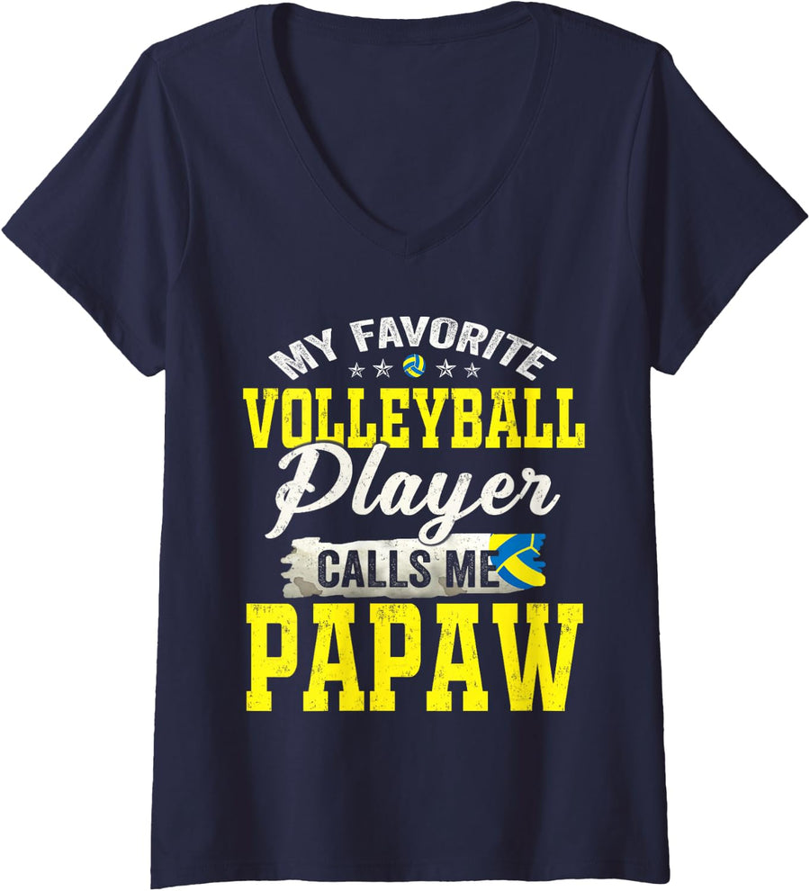 Women's My Favorite Volleyball Player Calls Me Papaw V-Neck T-Shirt - Navy Blue