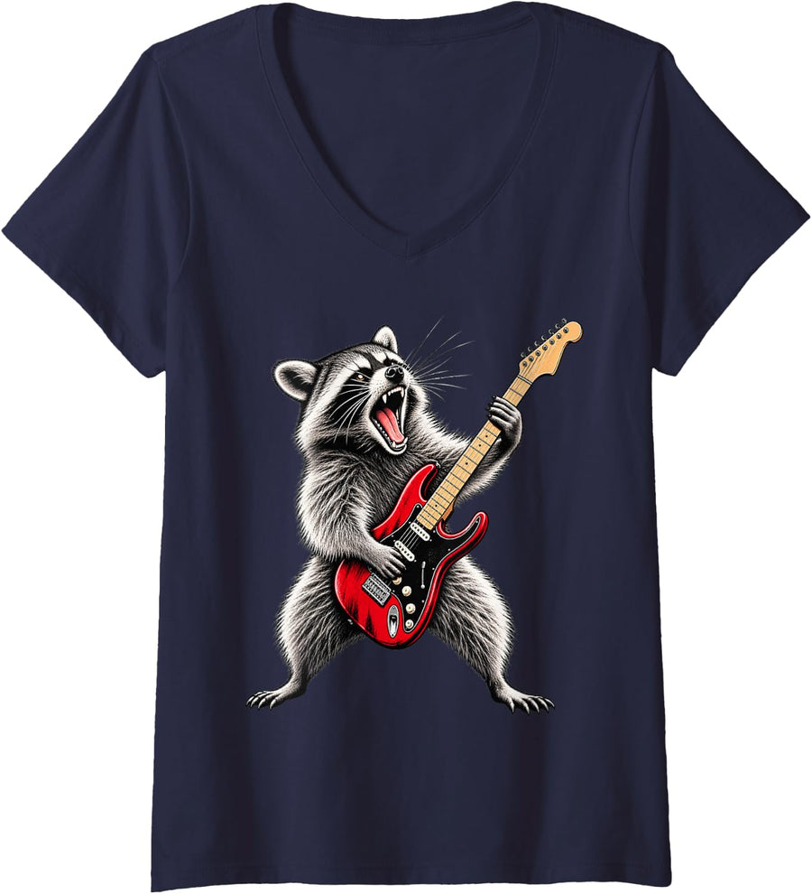 Women's Rock Raccoon Playing Electric Guitar Trash Panda Music Art V-Neck T-Shirt - Navy Blue