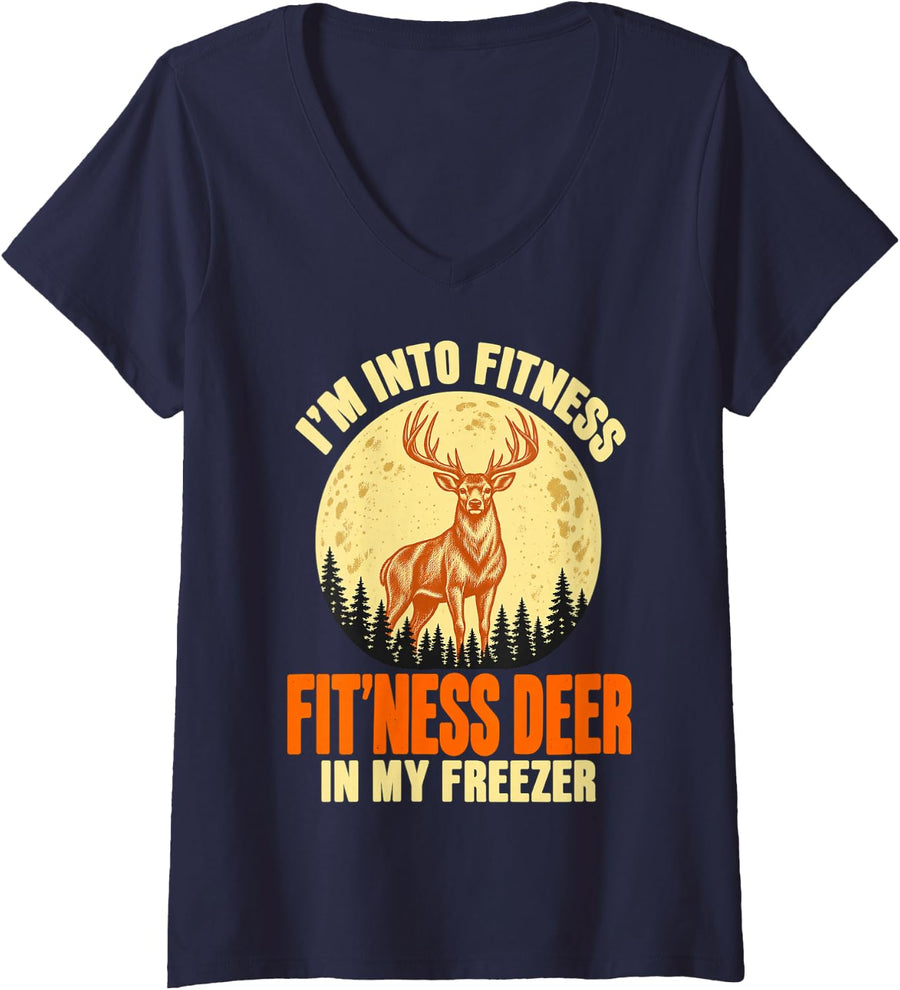 Women's I'm Into Fitness Fit'ness Deer in My Freezer Deer Hunting V-Neck T-Shirt - Navy Blue