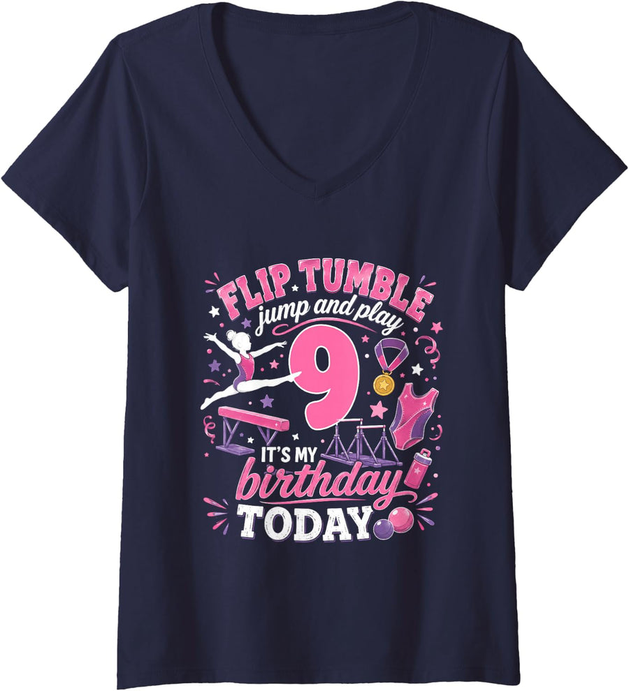 Women's Gymnastics Lover 9 Year Old Birthday Girl Party 9th V-Neck T-Shirt - Navy Blue
