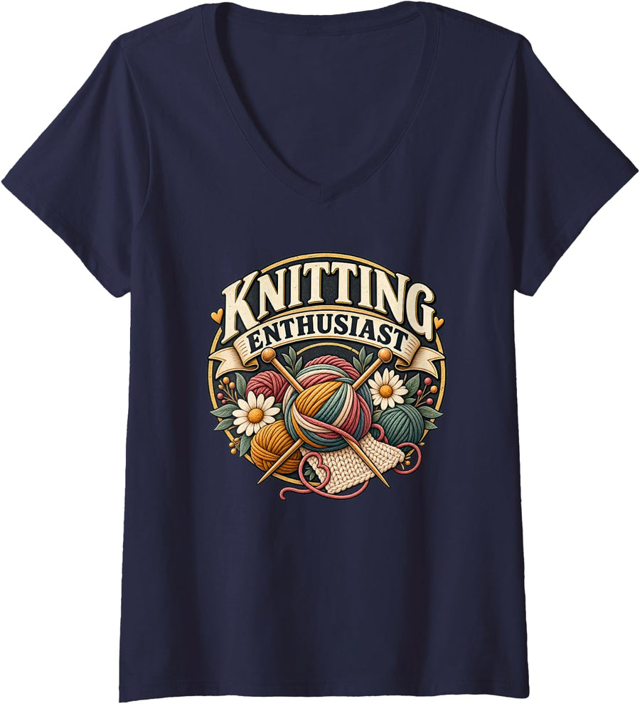 Women's Knitting Enthusiast Funny Knitter Fiber Artist Knitting V-Neck T-Shirt - Navy Blue