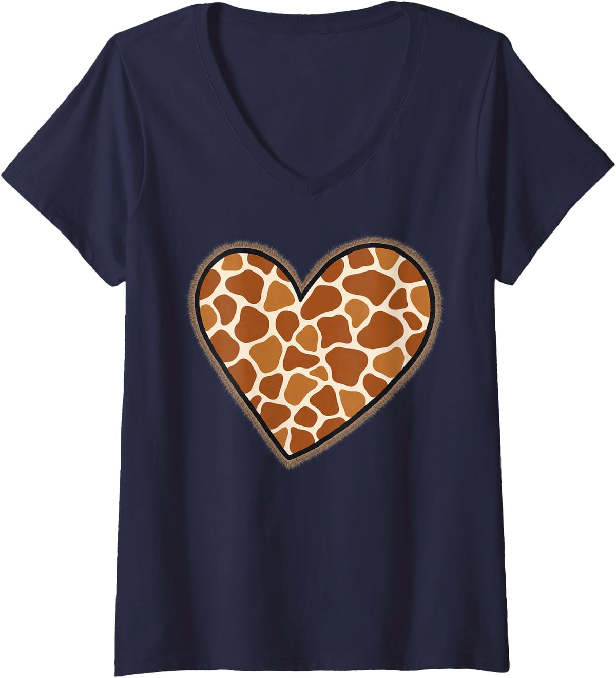 Women's Giraffe Print Heart Animal Art V-Neck T-Shirt - Navy Blue