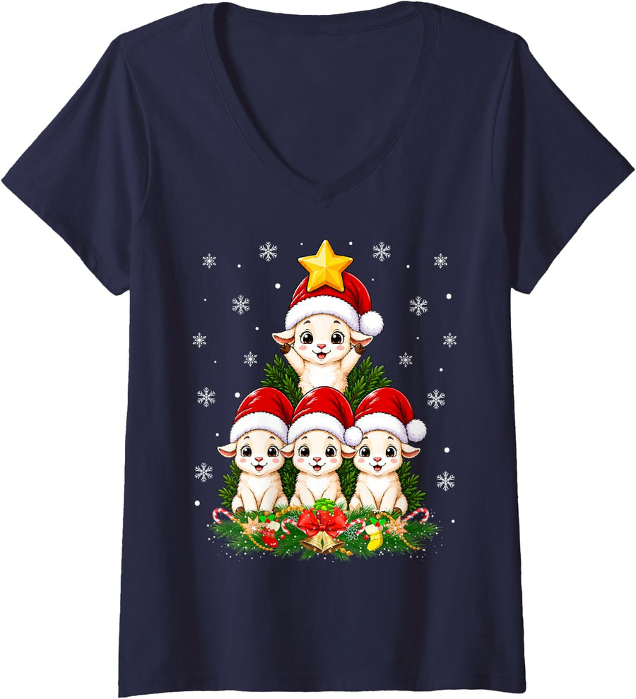 Women's Lamb Sheep Christmas Tree Cute Animal Festive Cheer Xmas V-Neck T-Shirt - Navy Blue