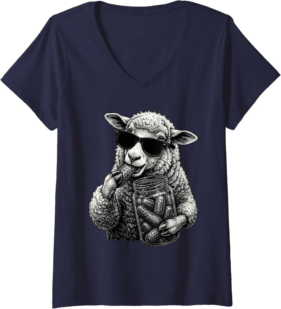 Women's Sheep Eating Pickles Funny Animal Men Women V-Neck T-Shirt - Navy Blue