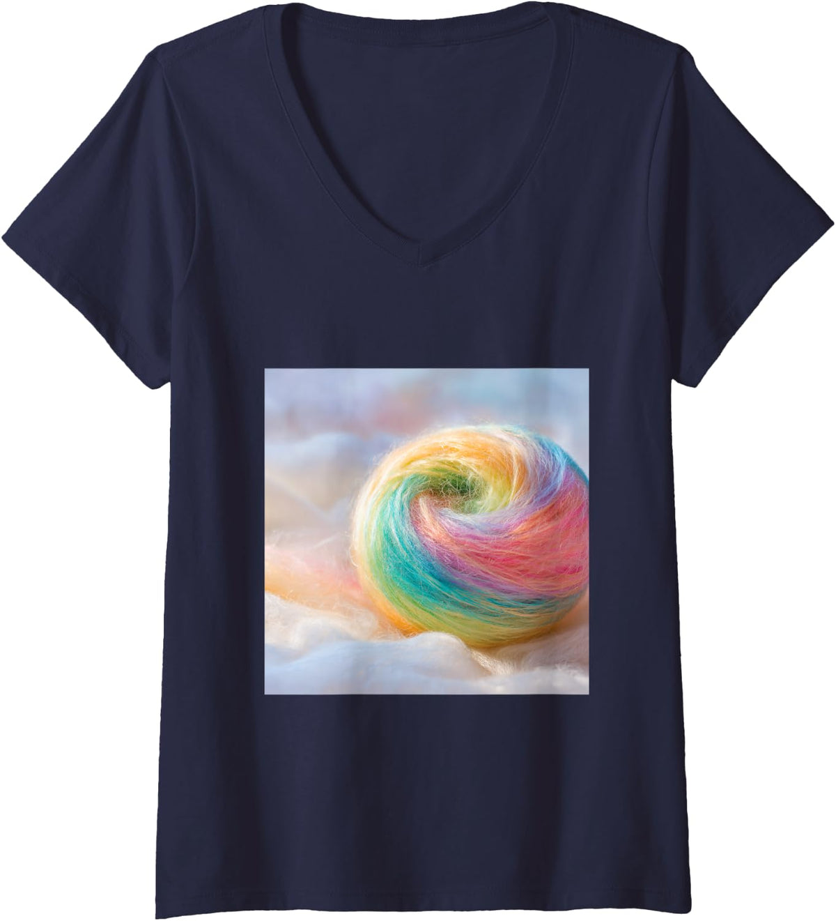 Women's Rainbow Yarn Ball Knitting Crochet Craft Fiber Arts V-Neck T-Shirt - Navy Blue