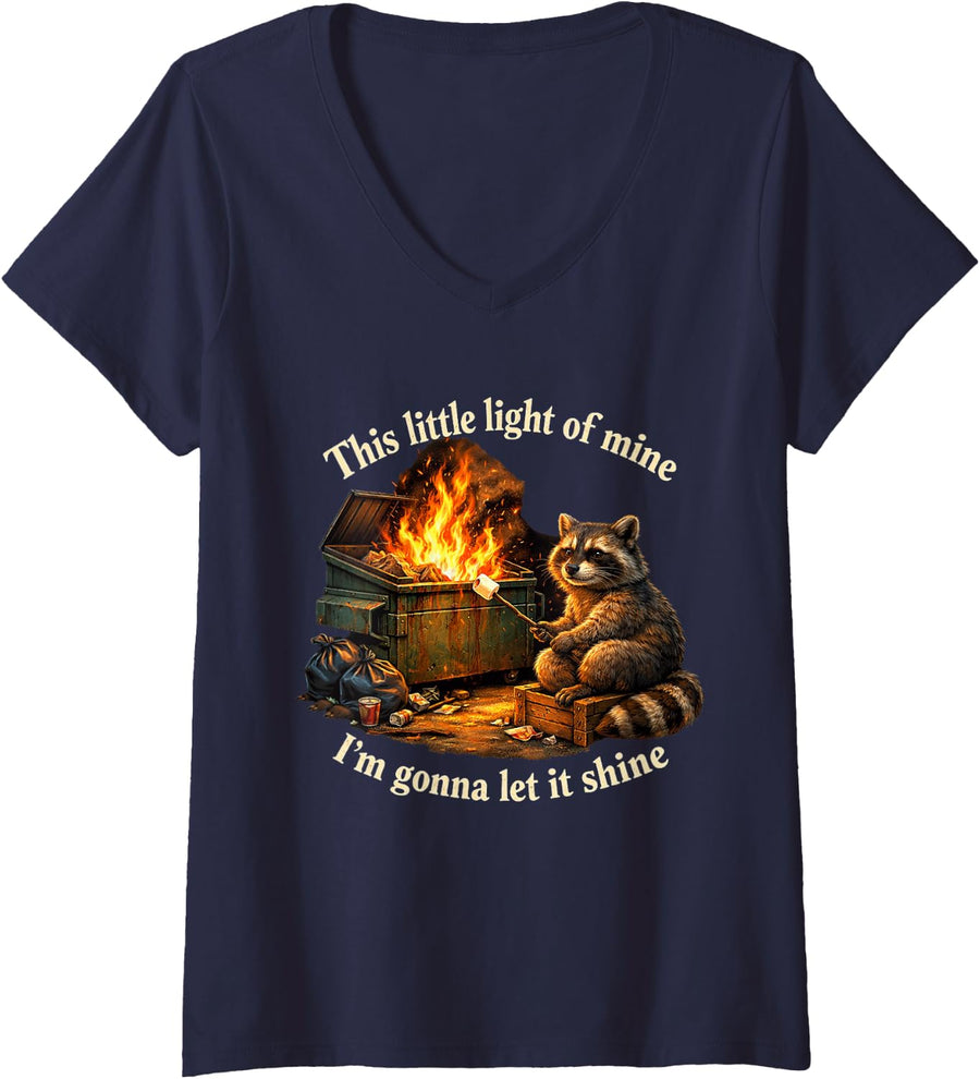 Women's Dumpster Fire Raccoon This Little Light of Mine Funny V-Neck T-Shirt - Navy Blue