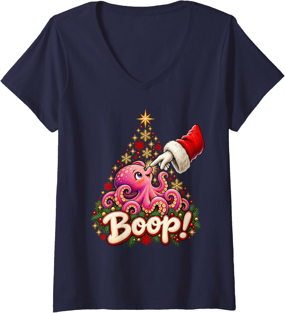 Women's Boop! Adorable Octopus Christmas Nose Boop V-Neck T-Shirt - Navy Blue