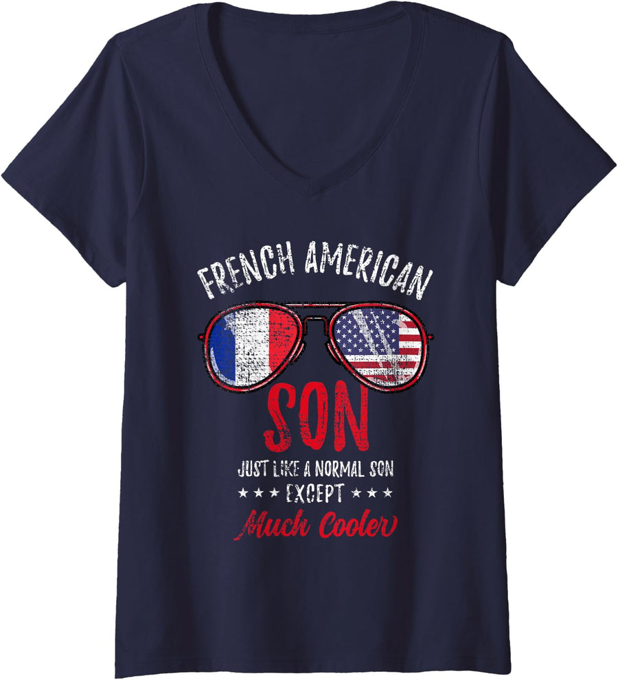 Women's Cool French American Son Sunglasses French Roots Vintage V-Neck T-Shirt - Navy Blue