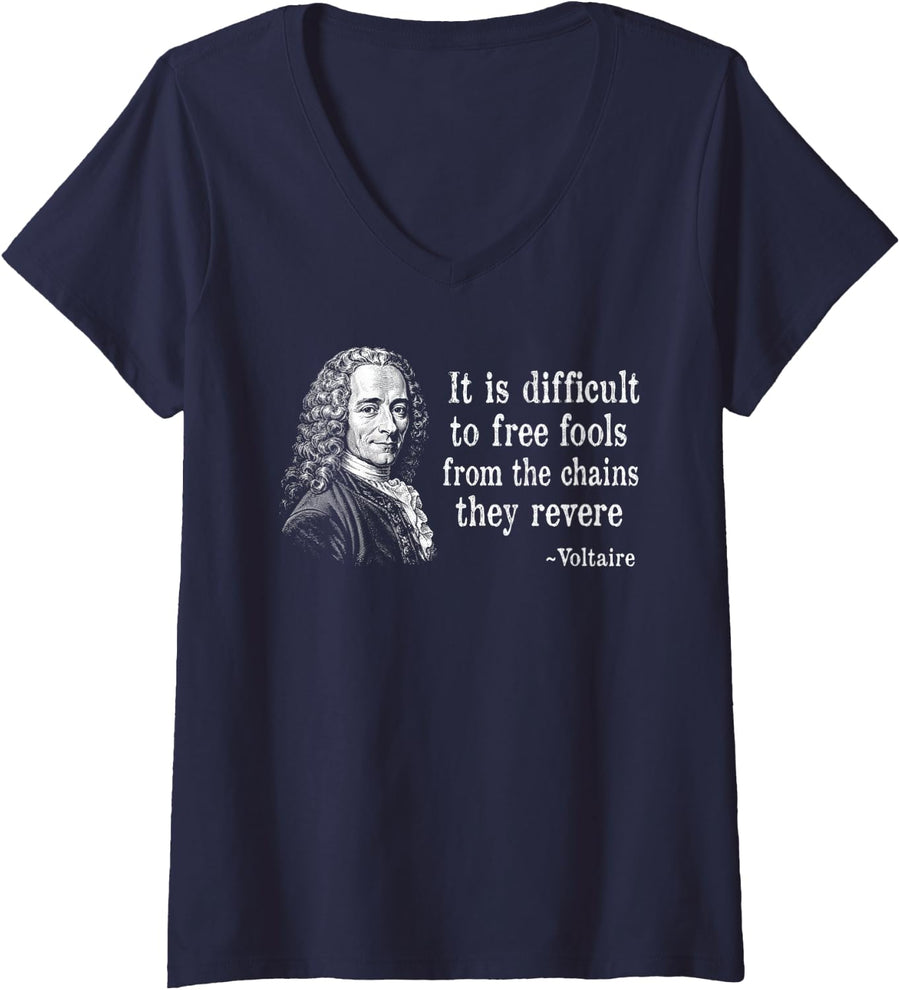Women's Voltaire Quote Difficult to Free Fools Vintage Philosophy V-Neck T-Shirt - Navy Blue
