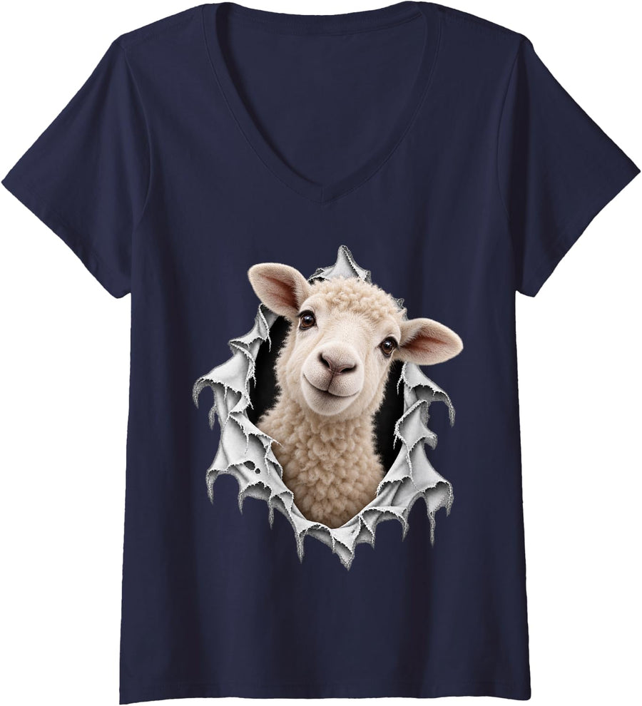 Women's Cute Sheep Crawling Out of Ripped Design V-Neck T-Shirt - Navy Blue