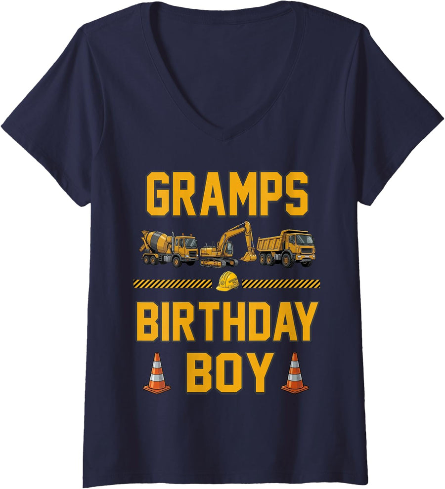 Women's Truck Excavator Gramps Birthday Boy Crew Kids Famil V-Neck T-Shirt - Navy Blue