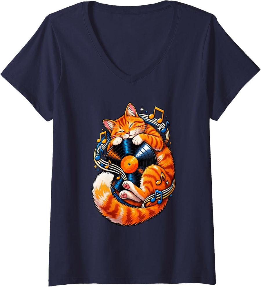 Women's Sleeping Ginger Cat Hugging a Vinyl Record V-Neck T-Shirt - Navy Blue