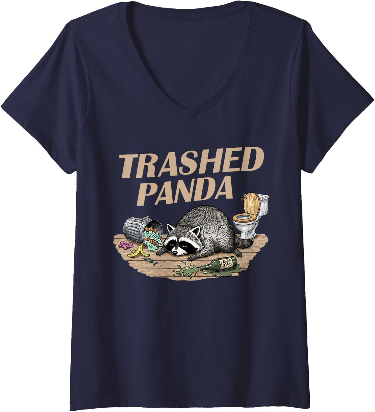 Women's Funny Trashed Panda Racoon Gets Drunk Racoon Meme V-Neck T-Shirt - Navy Blue