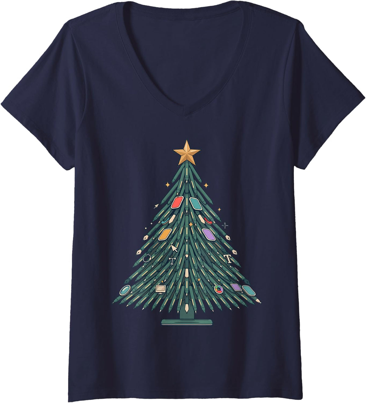 Women's Graphic Designer Christmas Tree V-Neck T-Shirt - Navy Blue