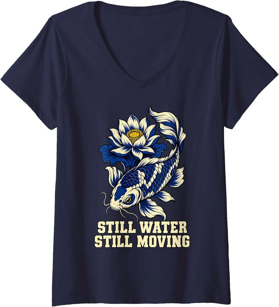 Women's Koi Still Water Still Moving Fish Lover Japanese Pond Wave V-Neck T-Shirt - Navy Blue
