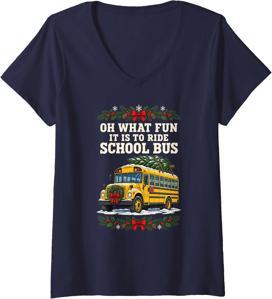 Women's Oh What Fun It is to Ride School Bus Christmas V-Neck T-Shirt - Navy Blue