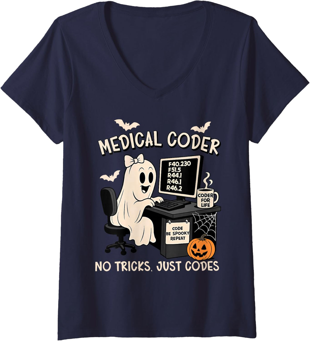 Women's Medical Coder Halloween Distressed Ghost Inpatient Coding V-Neck T-Shirt - Navy Blue