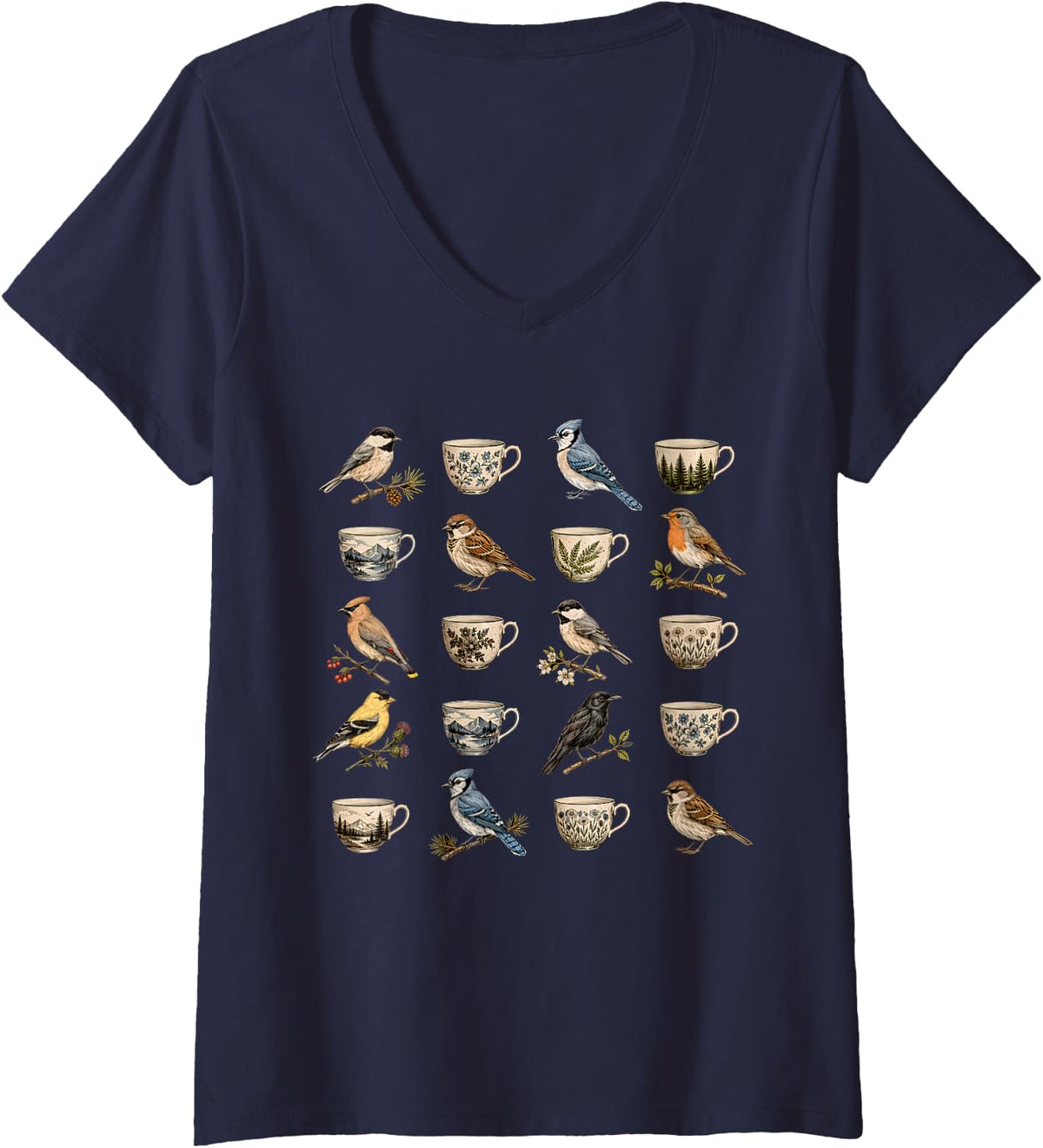 Women's Vintage Birdwatching Songbird Teacup Bird Lover V-Neck T-Shirt - Navy Blue