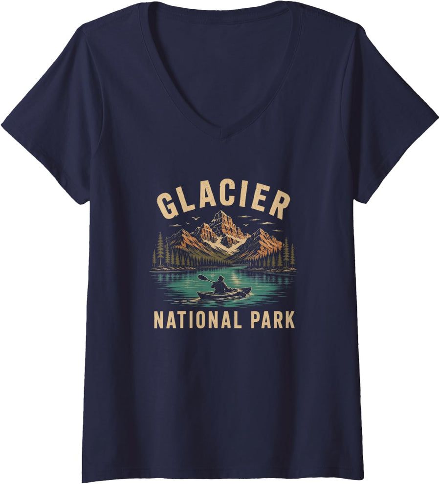 Women's Glacier National Park Kayaking Montana Outdoor V-Neck T-Shirt - Navy Blue