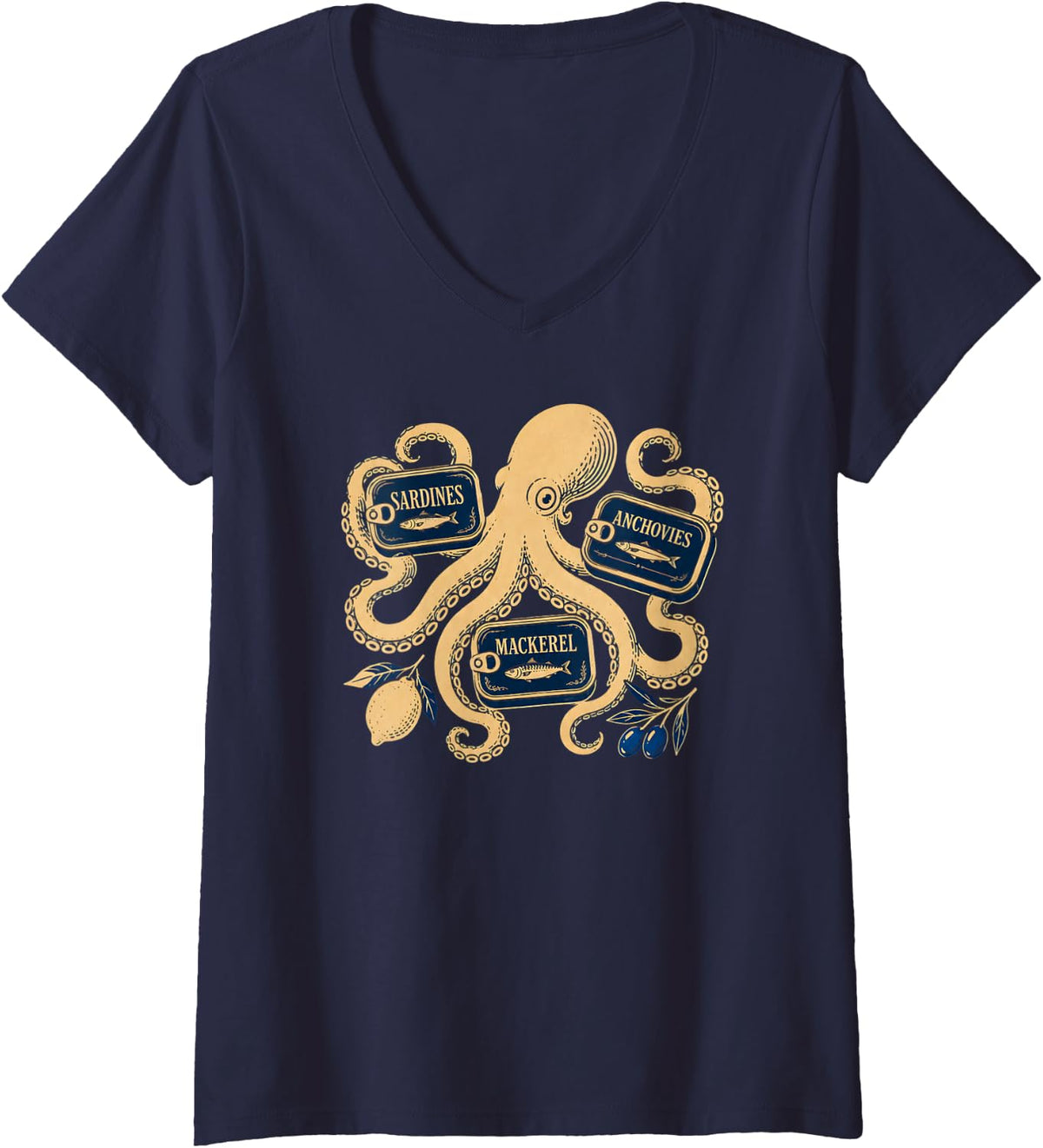 Women's Retro Octopus Sardines Tinned Fish Anchovy Mediterranean V-Neck T-Shirt - Navy Blue