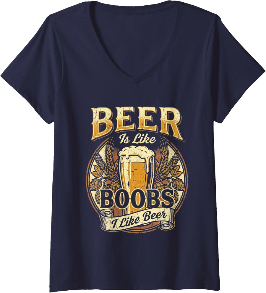Women's Beer is Like Boobs Tshirt Beer Brew Craft Drinker Funny V-Neck T-Shirt - Navy Blue