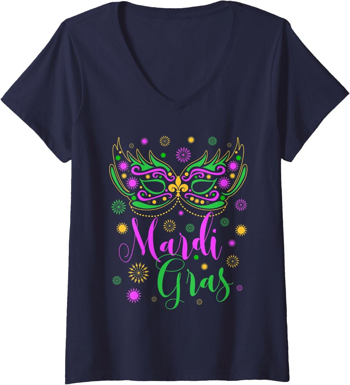 Womens Mardi Gras Feathered Mask for Women V-Neck T-Shirt - Navy Blue