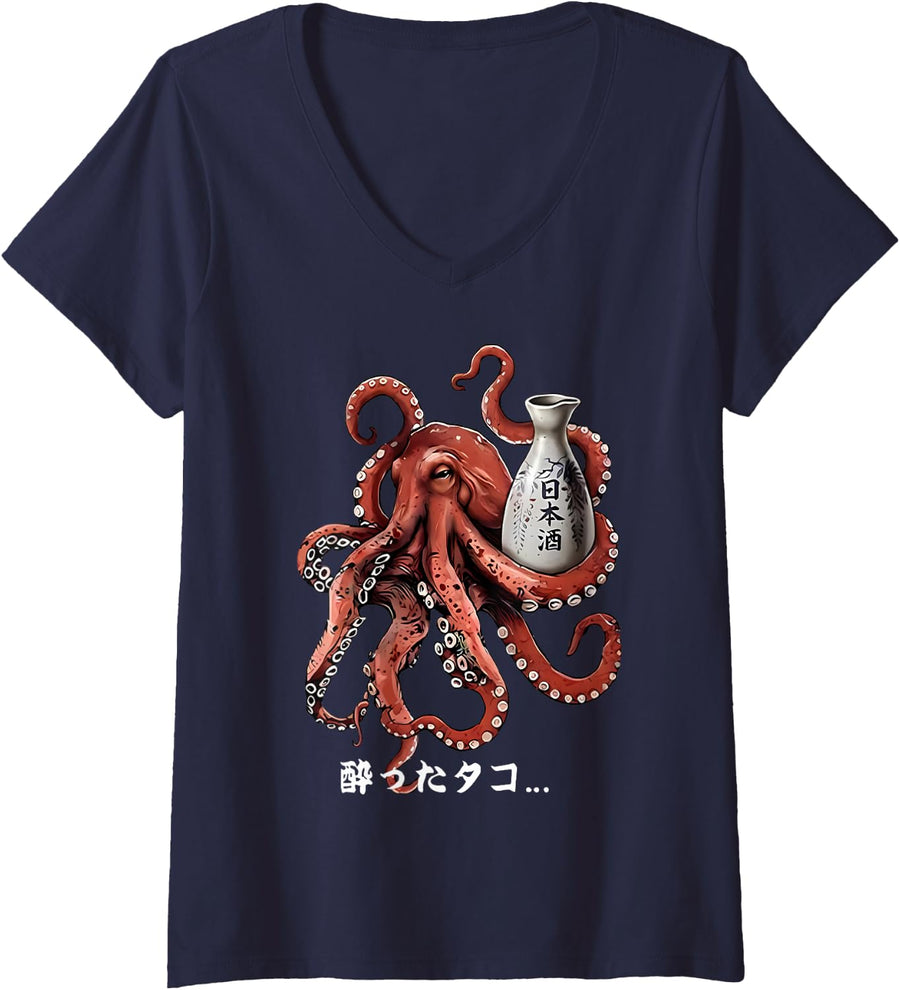 Women's Octopus Sake Drunken Vintage Kraken Ukiyo Japanese Style V-Neck T-Shirt - Navy Blue